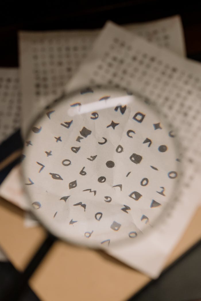 Magnifying glass revealing cryptic symbols on paper, ideal for mystery themes.